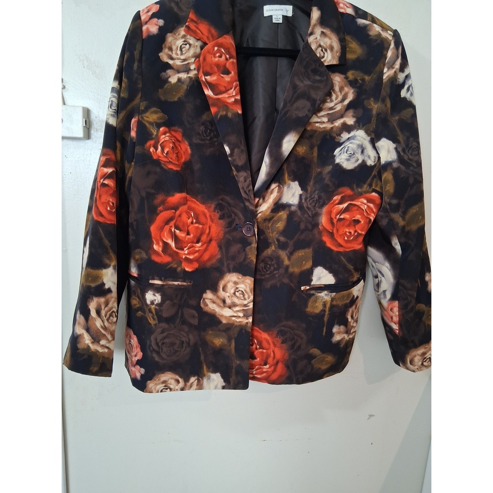 Susan Graver Womens L Floral Rose Print Single Button Blazer Jacket Black Red